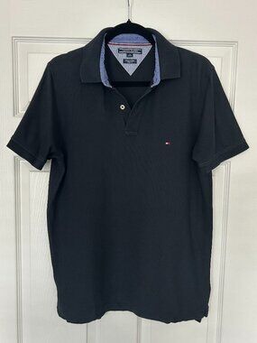 Tommy Hilfiger Polo Shirt Mens Large Slim Fit Black Premium Pique Cotton Logo